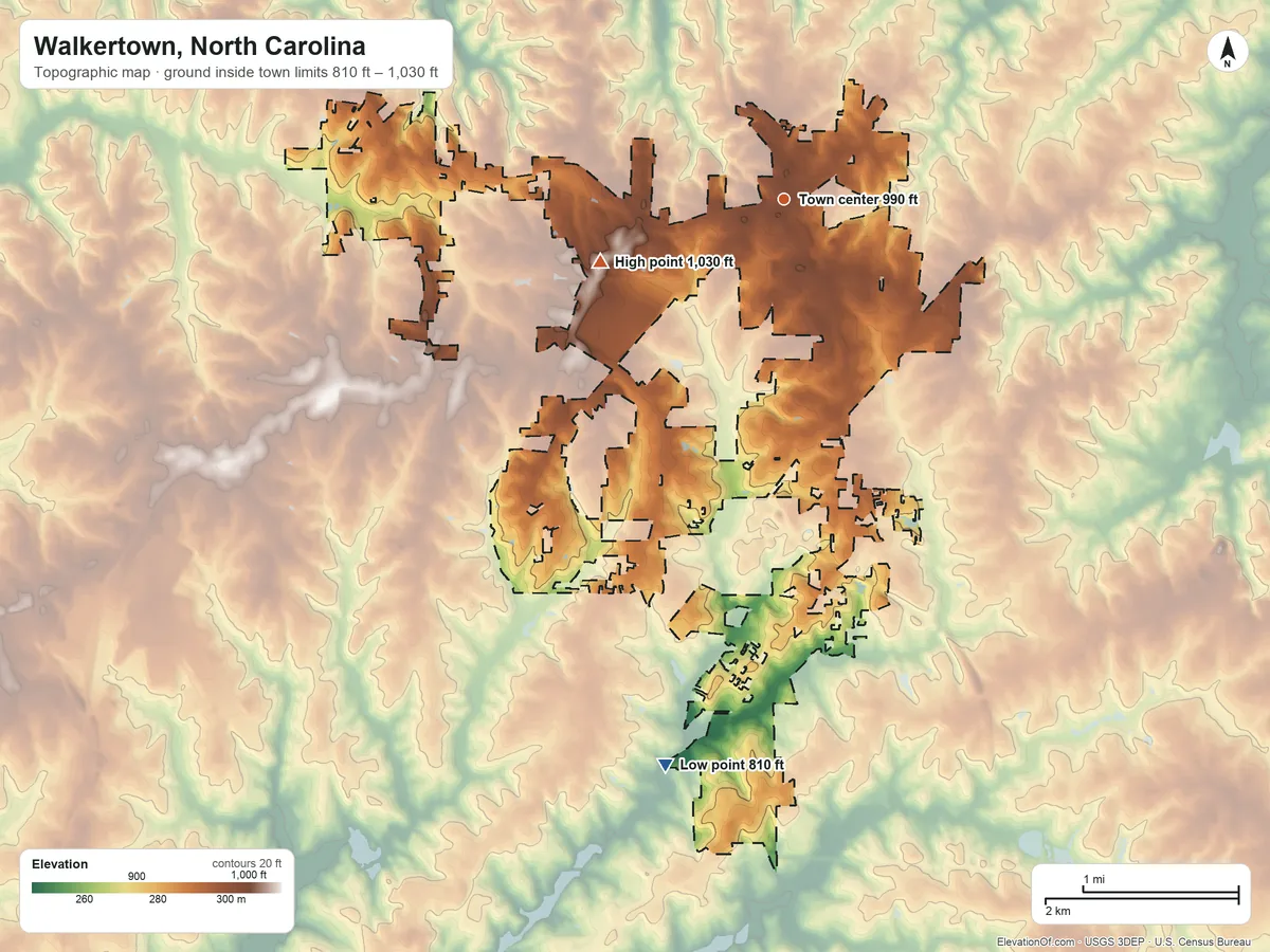 Topographic elevation map of Walkertown, North Carolina, shaded from 810 ft on the south side to 1,030 ft on the west side