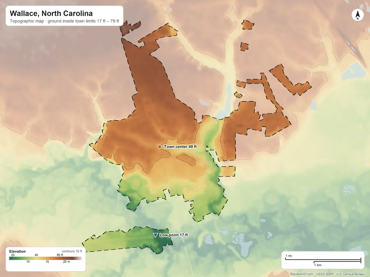 Topographic elevation map of Wallace, North Carolina, shaded from 17 ft on the south side to 79 ft on the north side
