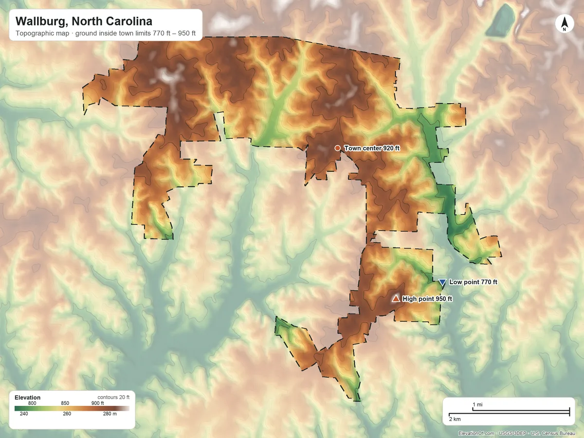 Topographic elevation map of Wallburg, North Carolina, shaded from 770 ft on the southeast side to 950 ft on the south side