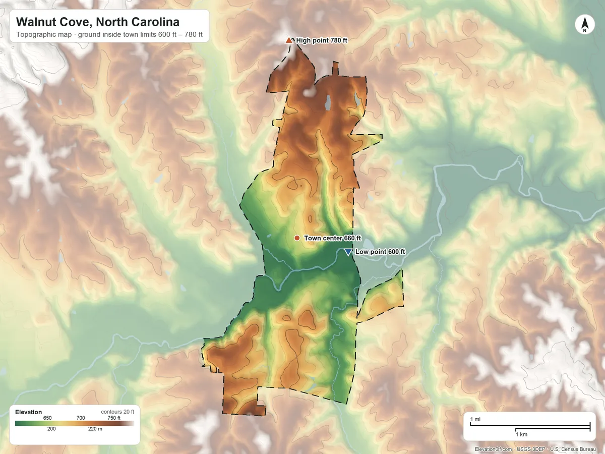 Topographic elevation map of Walnut Cove, North Carolina, shaded from 600 ft on the east side to 780 ft on the north side
