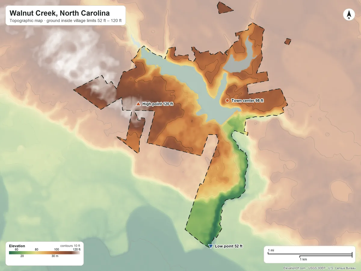 Topographic elevation map of Walnut Creek, North Carolina, shaded from 52 ft on the south side to 120 ft on the west side
