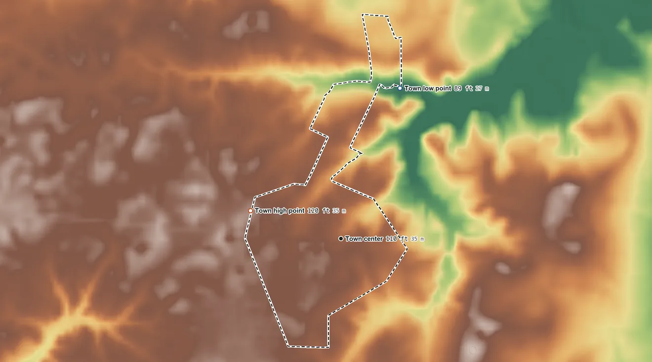 Topographic elevation map of Walstonburg, North Carolina, shaded from 89 ft on the north side to 120 ft on the west side