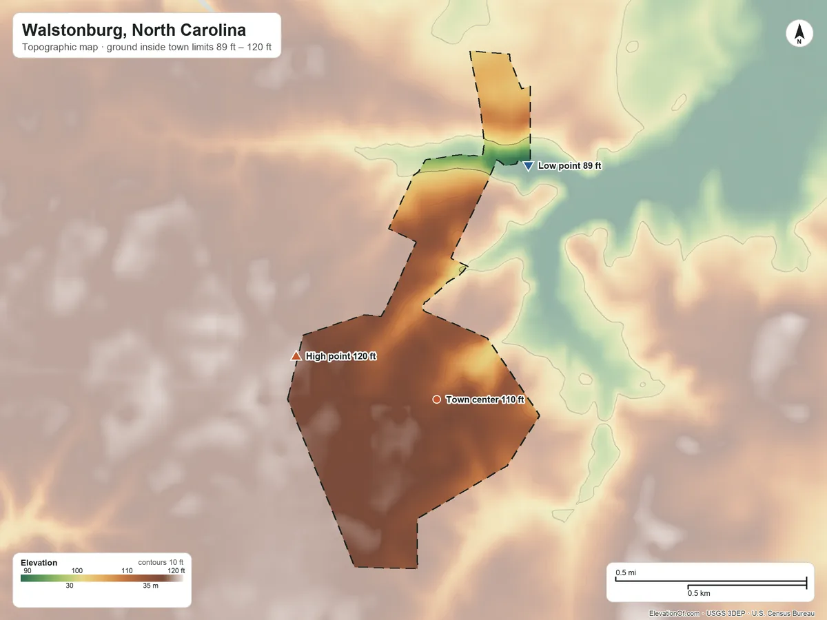 Topographic elevation map of Walstonburg, North Carolina, shaded from 89 ft on the north side to 120 ft on the west side