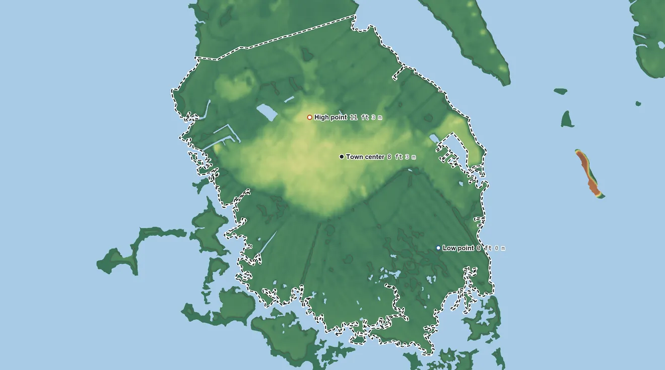 Topographic elevation map of Wanchese, North Carolina, shaded from sea level level on Roanoke Sound to 11 ft on the northwest side