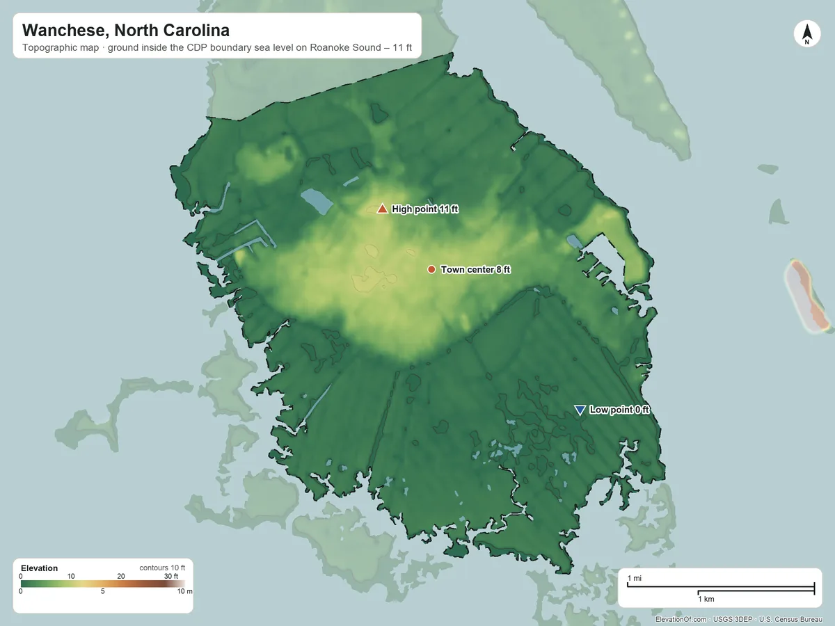 Topographic elevation map of Wanchese, North Carolina, shaded from sea level level on Roanoke Sound to 11 ft on the northwest side