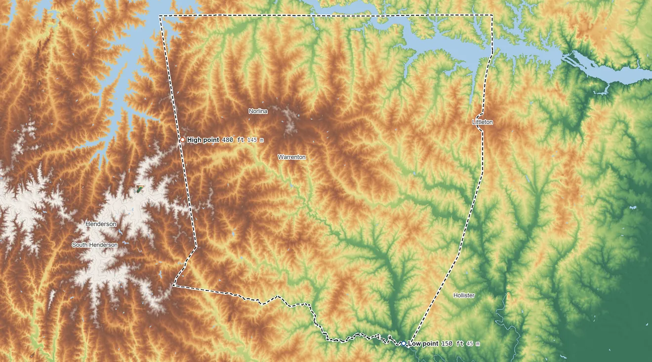 Topographic elevation map of Warren County, North Carolina, shaded from 150 ft on the southeast side to 480 ft on the west side