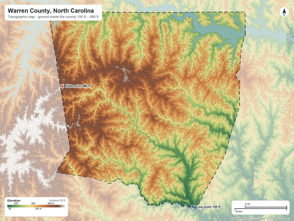 Topographic elevation map of Warren County, North Carolina, shaded from 150 ft on the southeast side to 480 ft on the west side