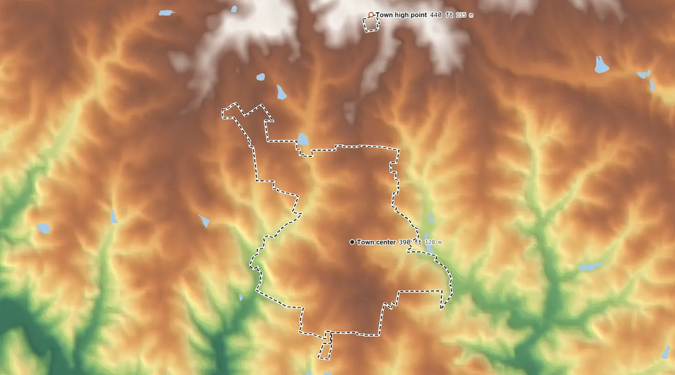 Topographic elevation map of Warrenton, North Carolina, shaded from 260 ft on the southwest side to 440 ft on the north side