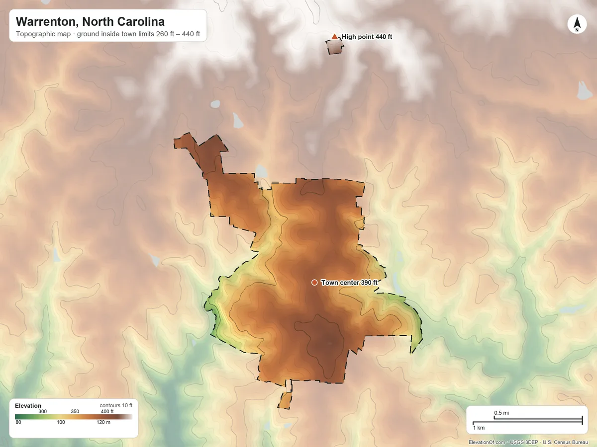 Topographic elevation map of Warrenton, North Carolina, shaded from 260 ft on the southwest side to 440 ft on the north side