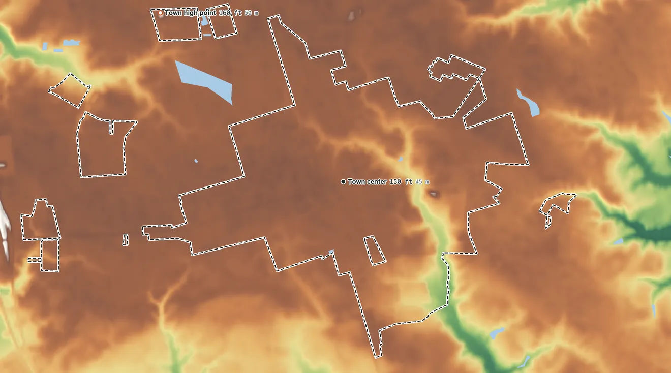 Topographic elevation map of Warsaw, North Carolina, shaded from 120 ft on the west side to 160 ft on the northwest side