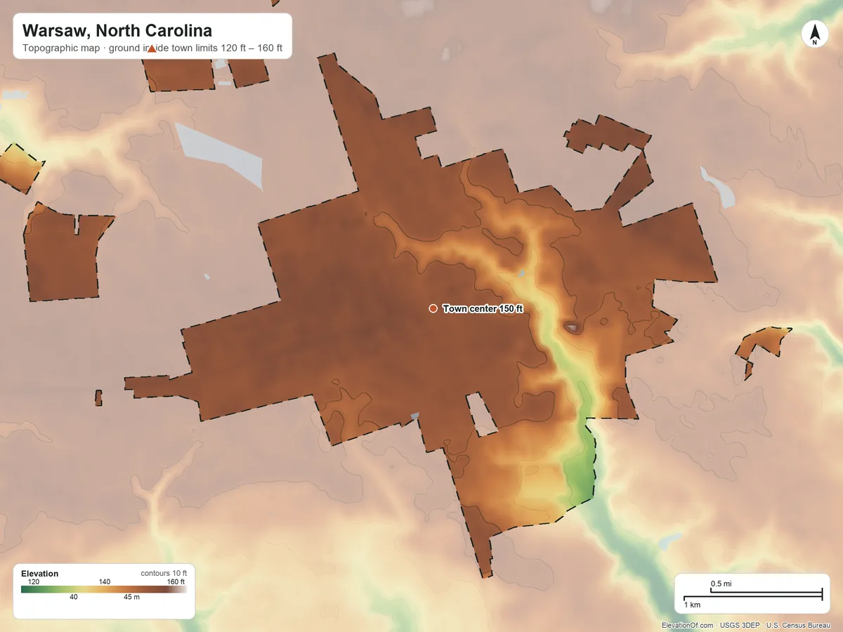 Topographic elevation map of Warsaw, North Carolina, shaded from 120 ft on the west side to 160 ft on the northwest side