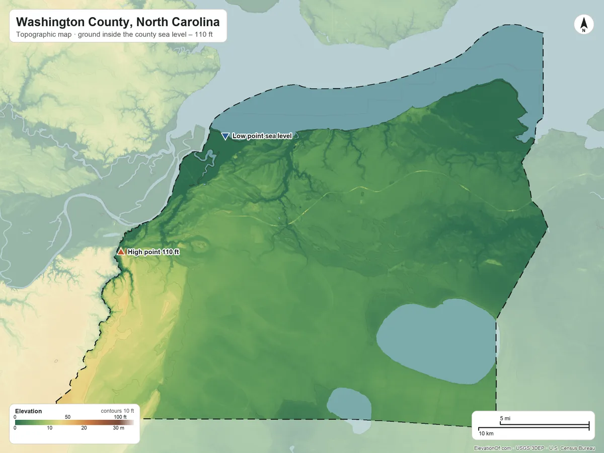 Topographic elevation map of Washington County, North Carolina, shaded from sea level on Swan Bay to 110 ft on the west side