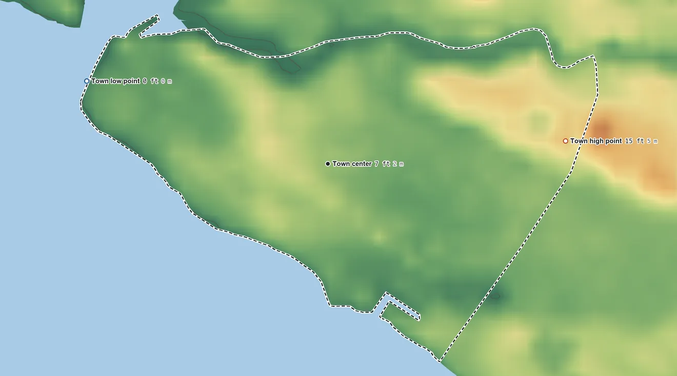 Topographic elevation map of Washington Park, North Carolina, shaded from 0 ft on the west side to 15 ft on the east side