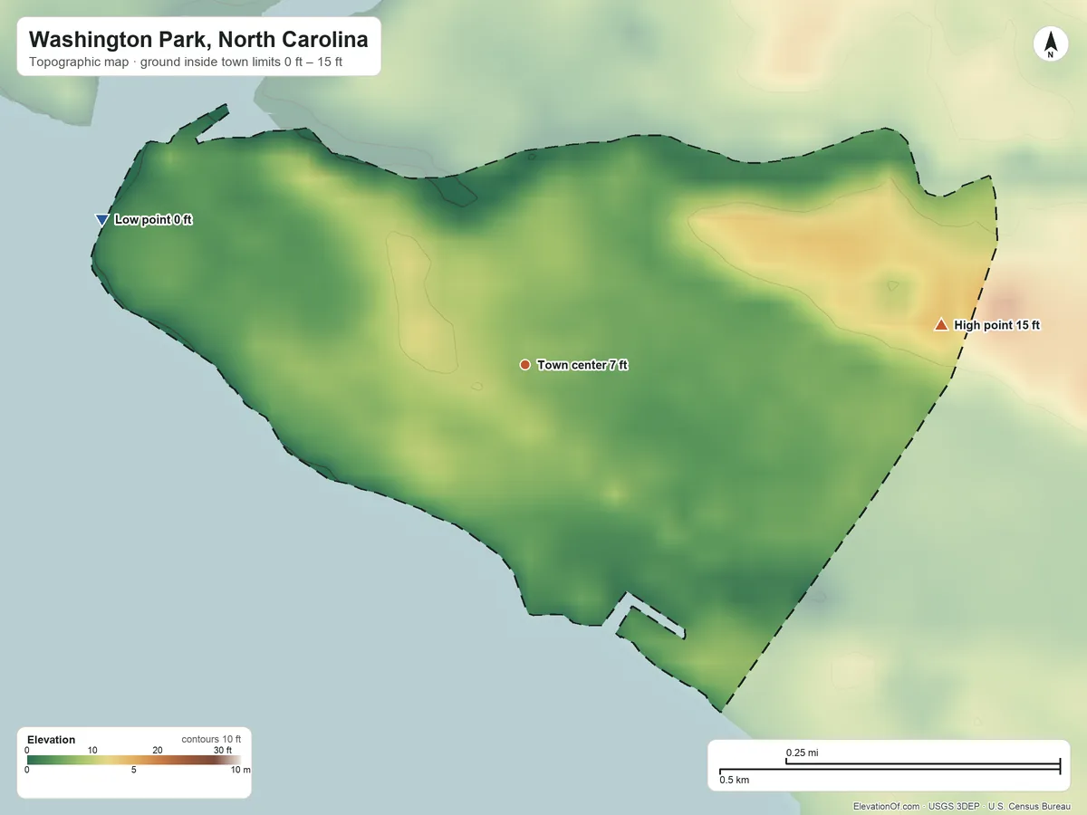 Topographic elevation map of Washington Park, North Carolina, shaded from 0 ft on the west side to 15 ft on the east side