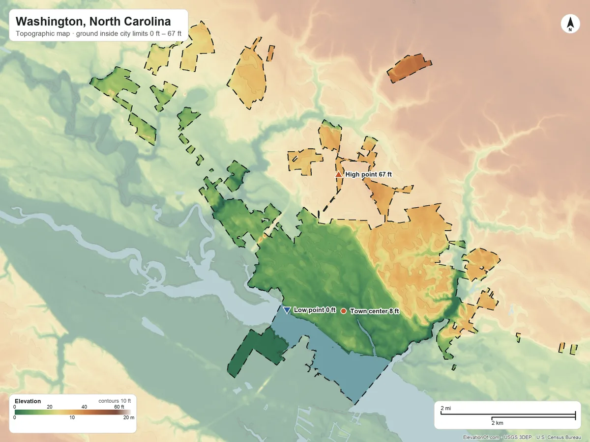Topographic elevation map of Washington, North Carolina, shaded from 0 ft on the west side to 67 ft on the north side