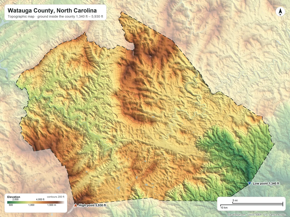 Topographic elevation map of Watauga County, North Carolina, shaded from 1,340 ft on the southeast side to 5,930 ft on Calloway Peak