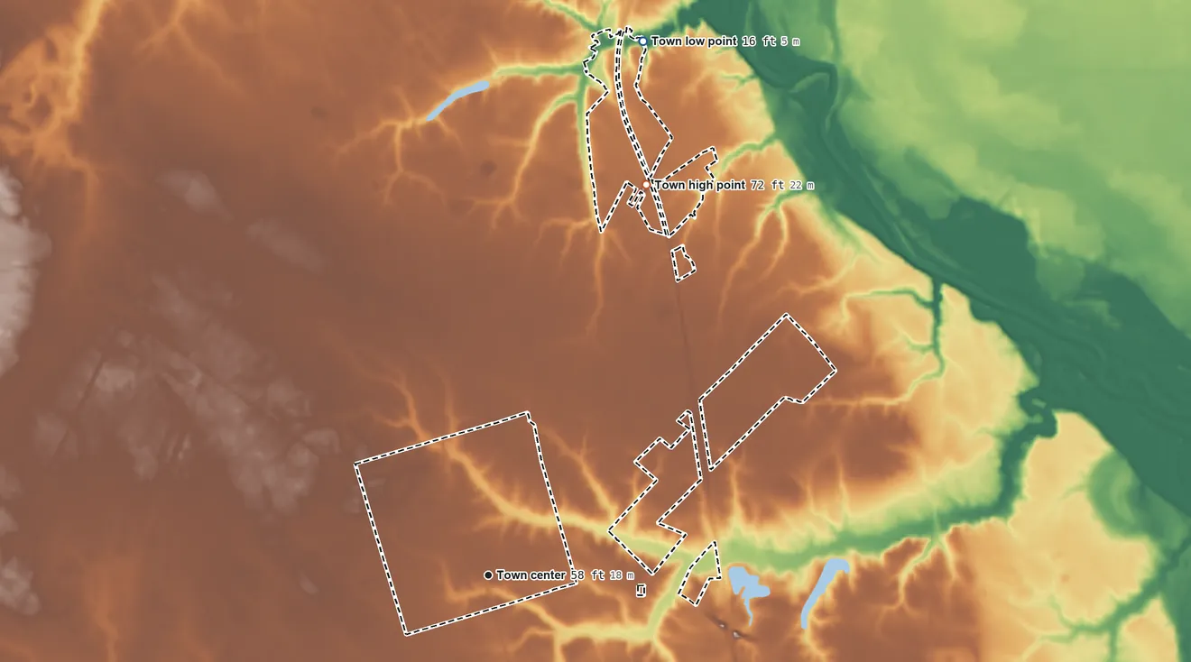 Topographic elevation map of Watha, North Carolina, shaded from 16 ft on the north side to 72 ft on the north side