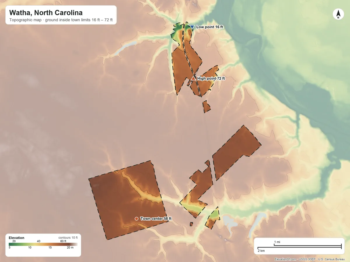 Topographic elevation map of Watha, North Carolina, shaded from 16 ft on the north side to 72 ft on the north side