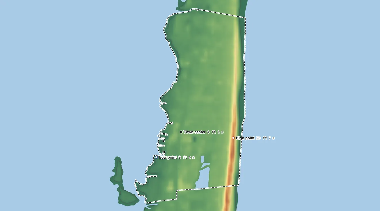 Topographic elevation map of Waves, North Carolina, shaded from sea level level on Pamlico Sound to 23 ft on the east side
