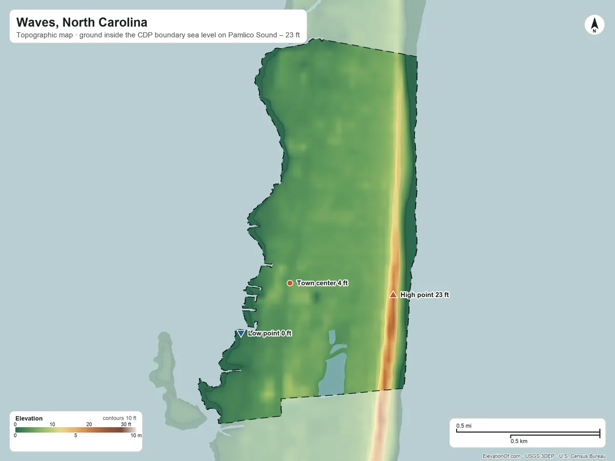 Topographic elevation map of Waves, North Carolina, shaded from sea level level on Pamlico Sound to 23 ft on the east side