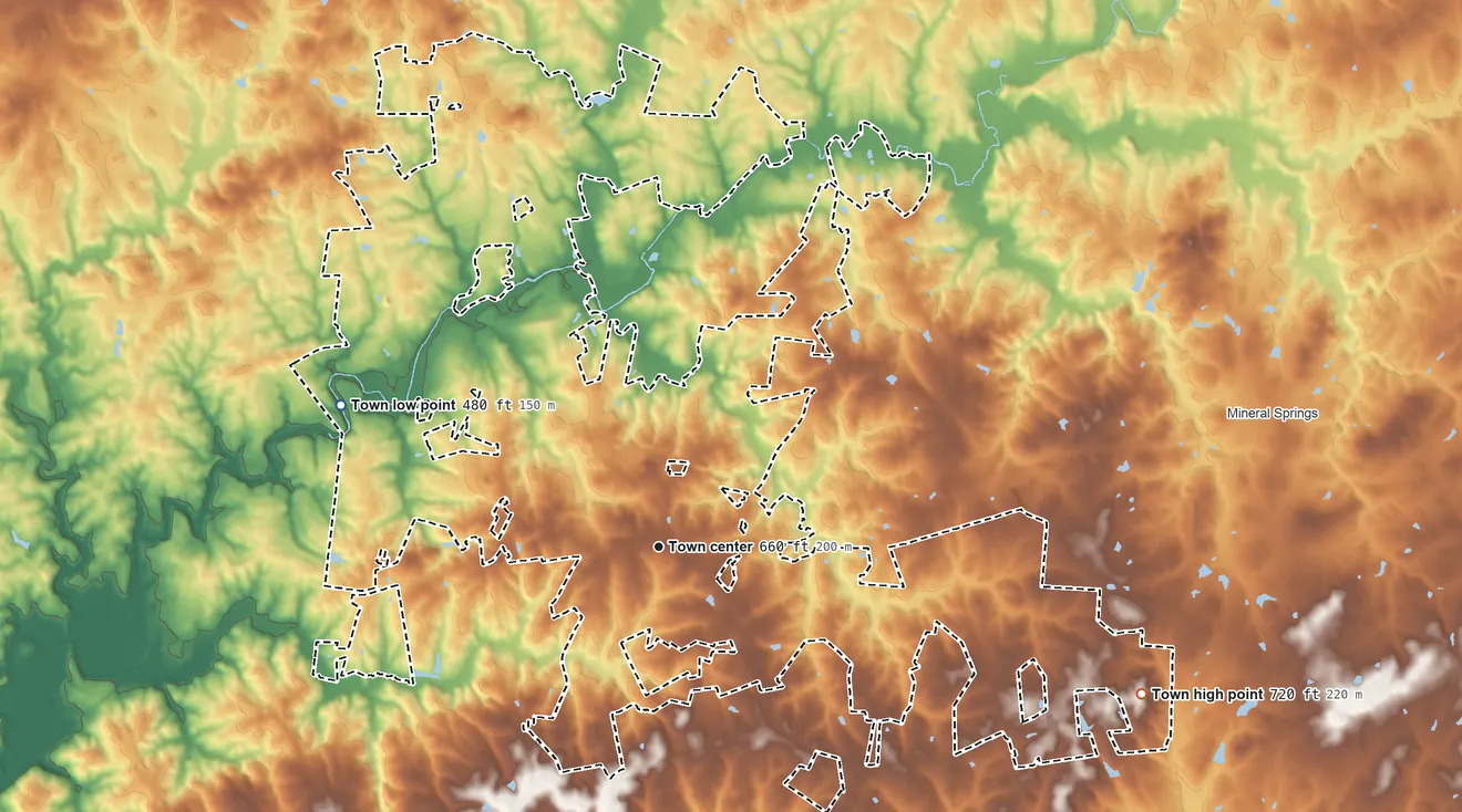 Topographic elevation map of Waxhaw, North Carolina, shaded from 480 ft on the northwest side to 720 ft on the east side