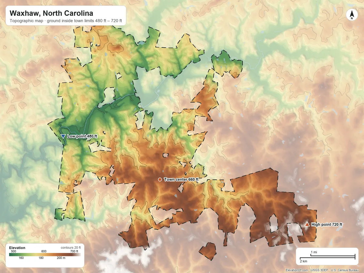 Topographic elevation map of Waxhaw, North Carolina, shaded from 480 ft on the northwest side to 720 ft on the east side