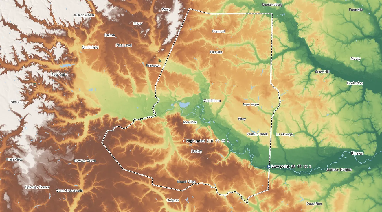 Topographic elevation map of Wayne County, North Carolina, shaded from 38 ft on the southeast side to 210 ft on the south side
