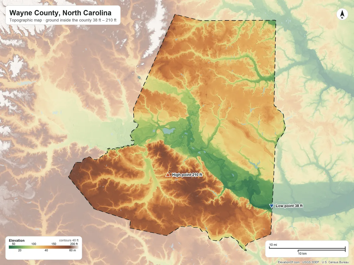 Topographic elevation map of Wayne County, North Carolina, shaded from 38 ft on the southeast side to 210 ft on the south side