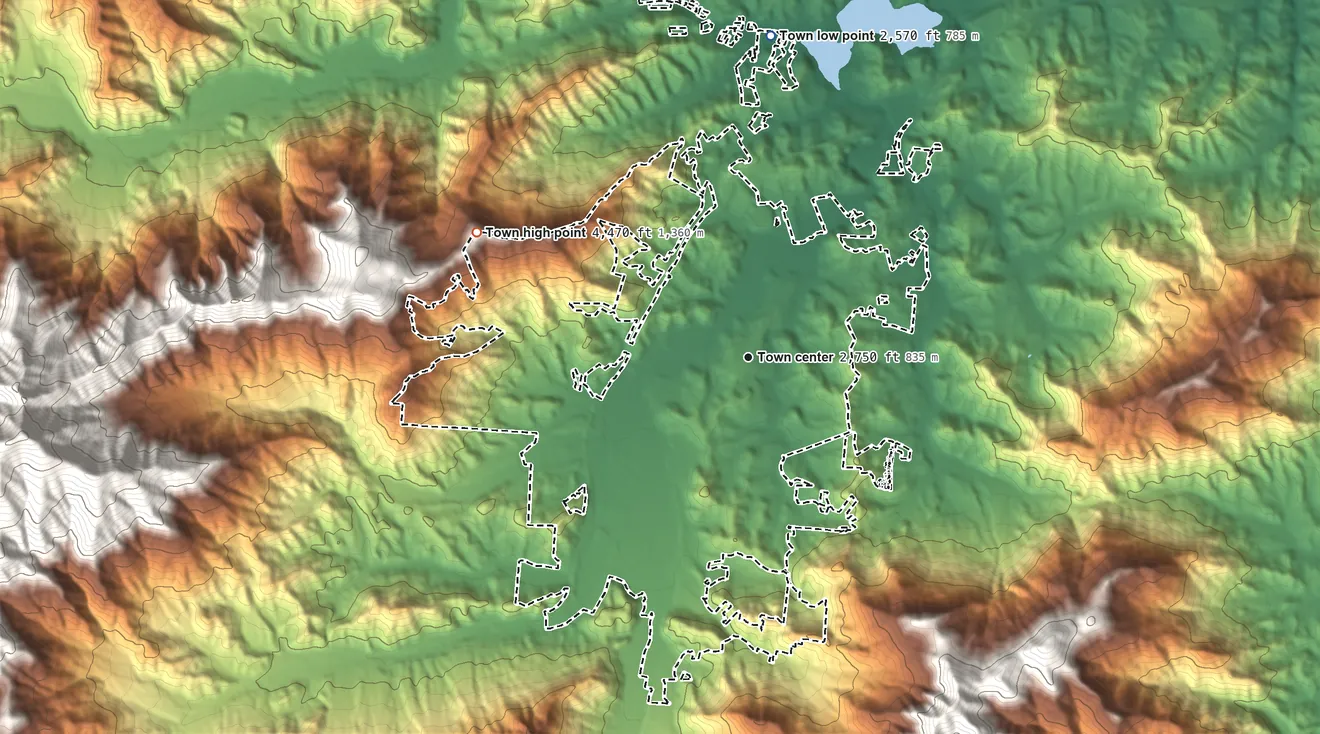 Topographic elevation map of Waynesville, North Carolina, shaded from 2,570 ft on the north side to 4,470 ft at the foot of the Great Balsam Mountains