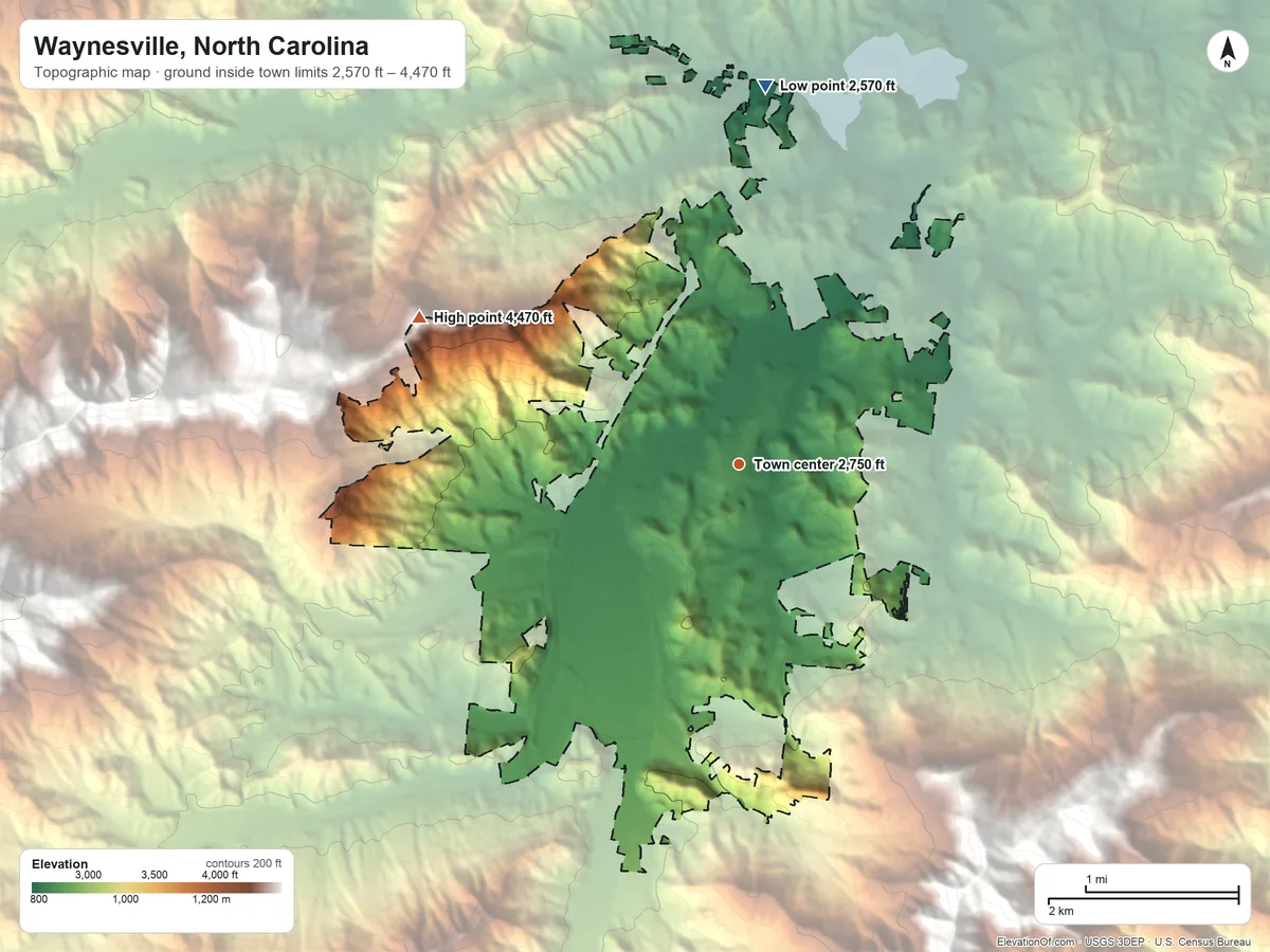 Topographic elevation map of Waynesville, North Carolina, shaded from 2,570 ft on the north side to 4,470 ft at the foot of the Great Balsam Mountains