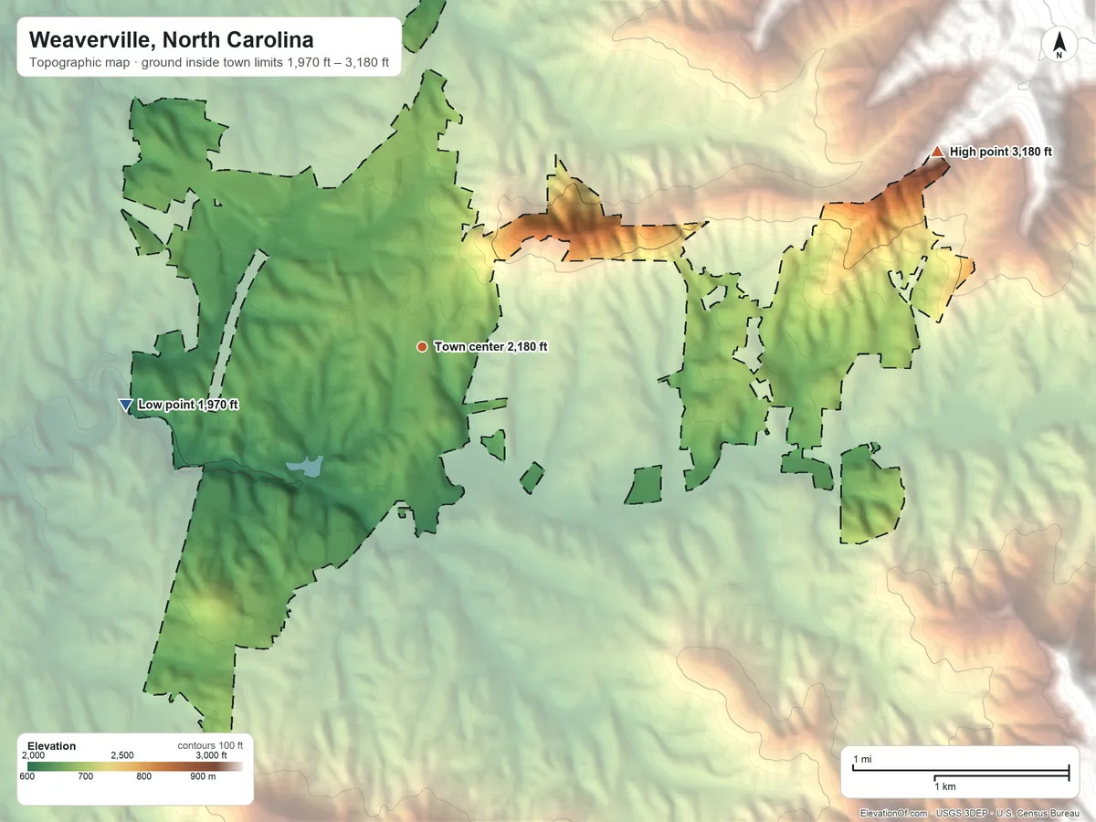 Topographic elevation map of Weaverville, North Carolina, shaded from 1,970 ft on the west side to 3,180 ft at the foot of the Elk Mountains