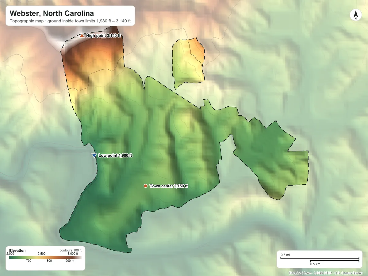 Topographic elevation map of Webster, North Carolina, shaded from 1,980 ft on the northwest side to 3,140 ft on Kings Mountain