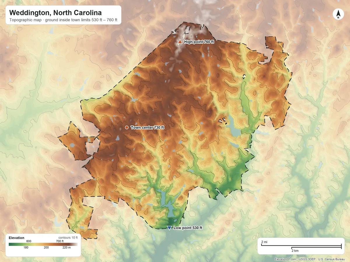Topographic elevation map of Weddington, North Carolina, shaded from 530 ft on the southeast side to 760 ft on the northeast side