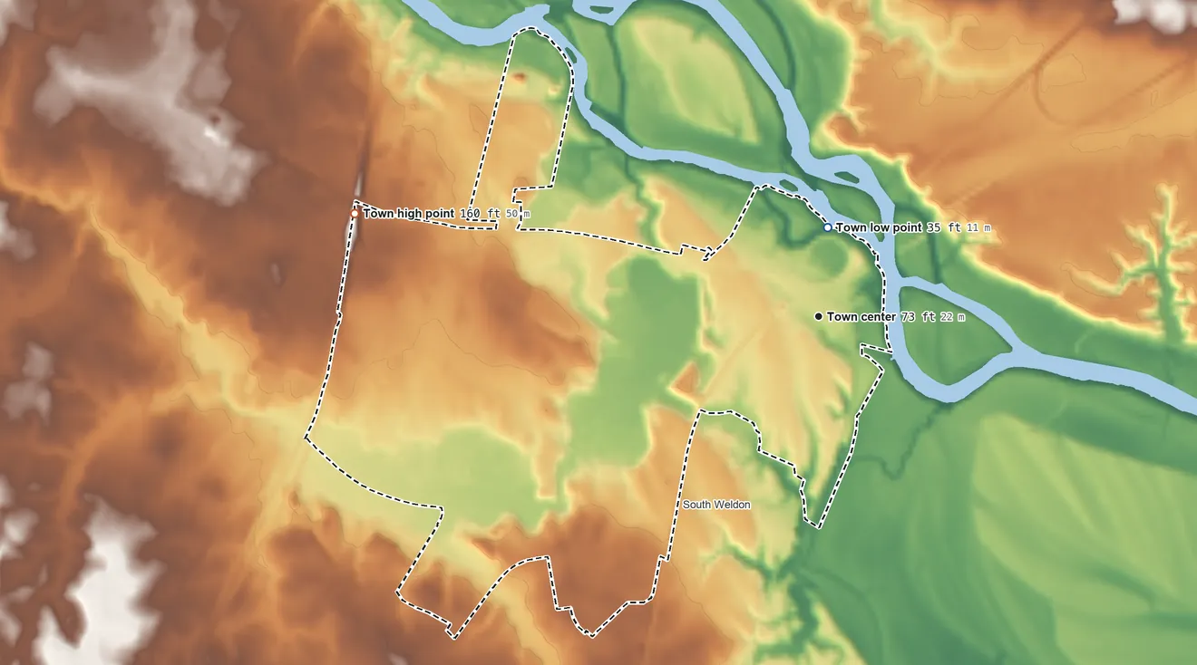 Topographic elevation map of Weldon, North Carolina, shaded from 35 ft on the north side to 160 ft on the west side