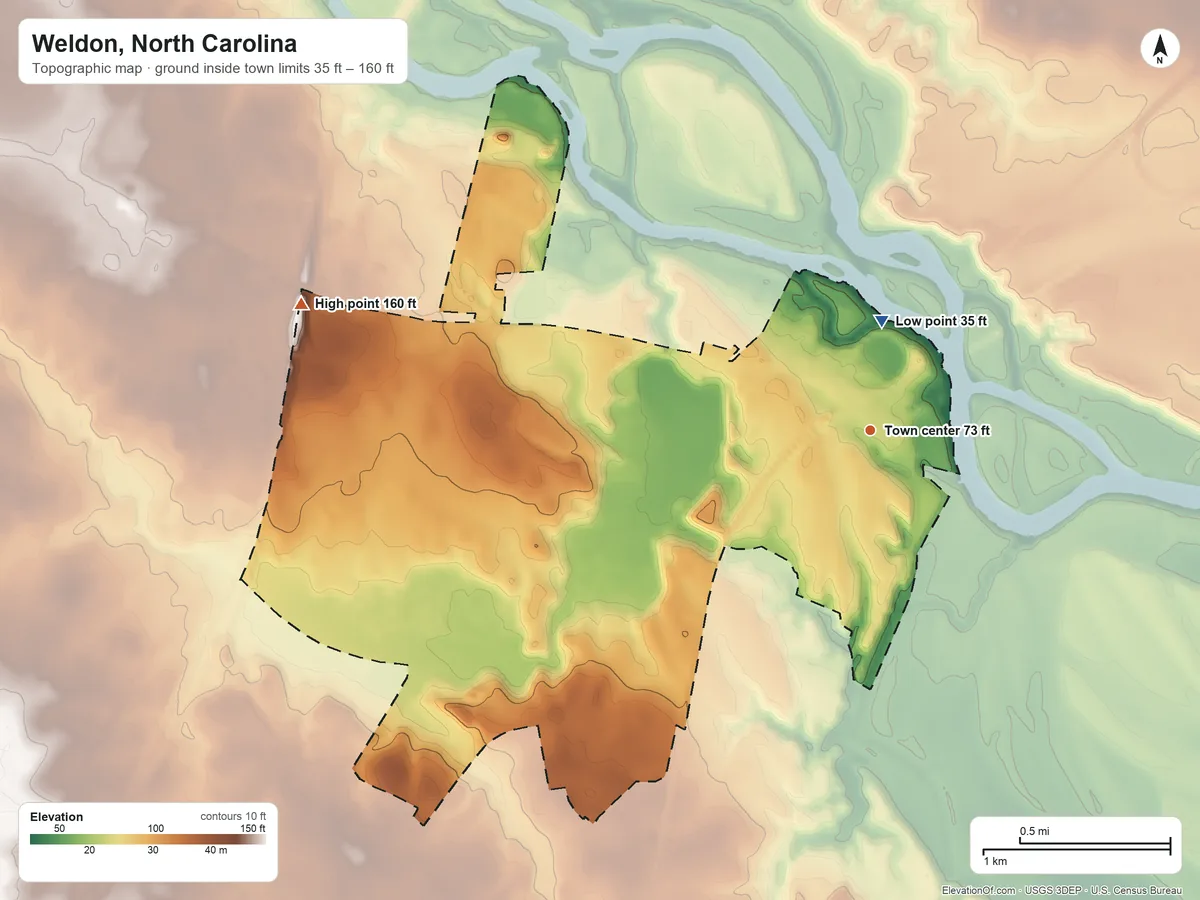 Topographic elevation map of Weldon, North Carolina, shaded from 35 ft on the north side to 160 ft on the west side
