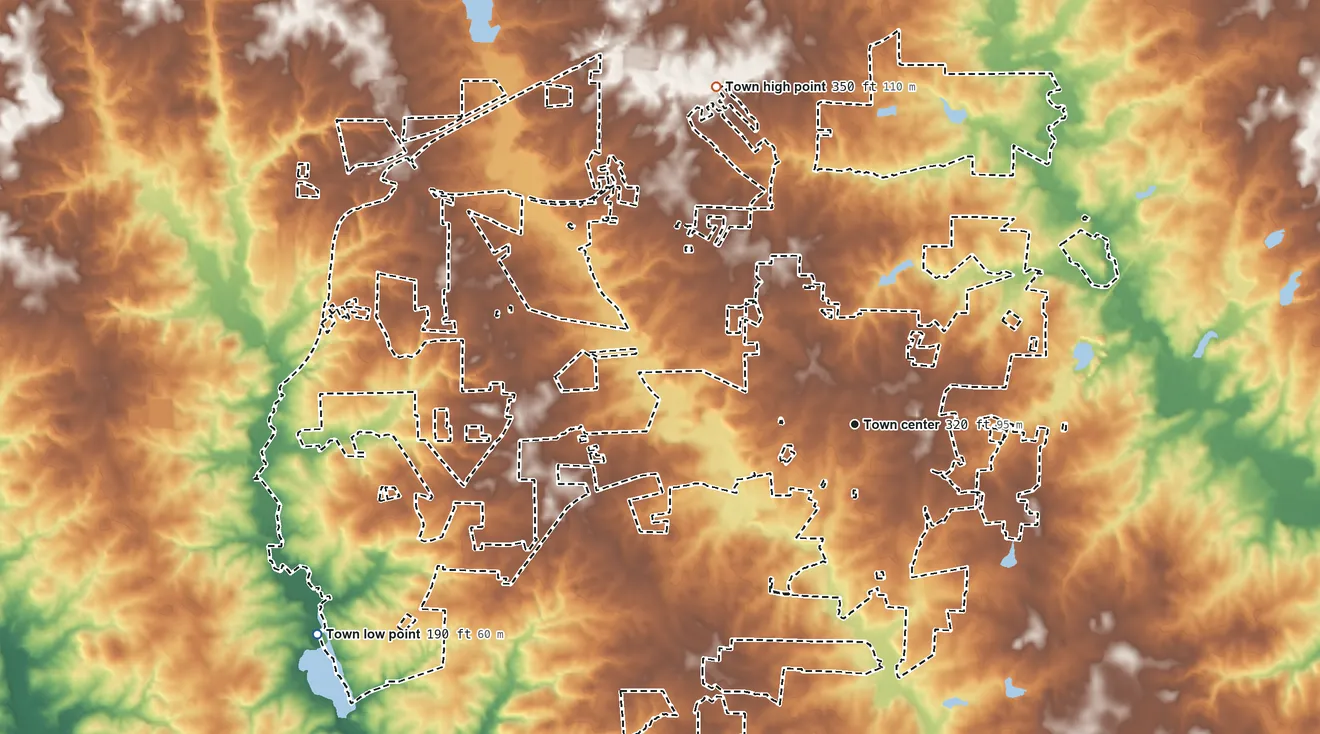 Topographic elevation map of Wendell, North Carolina, shaded from 190 ft on the west side to 350 ft on the north side