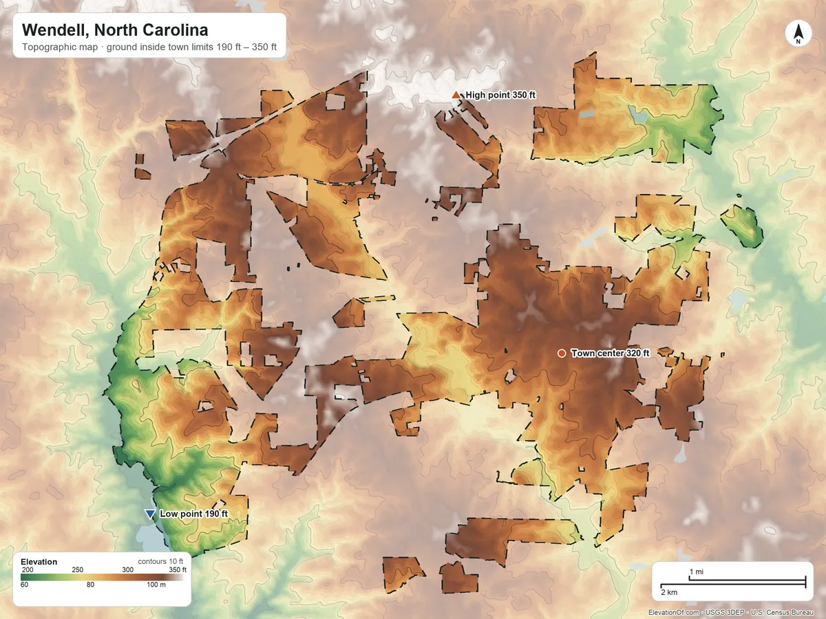 Topographic elevation map of Wendell, North Carolina, shaded from 190 ft on the west side to 350 ft on the north side