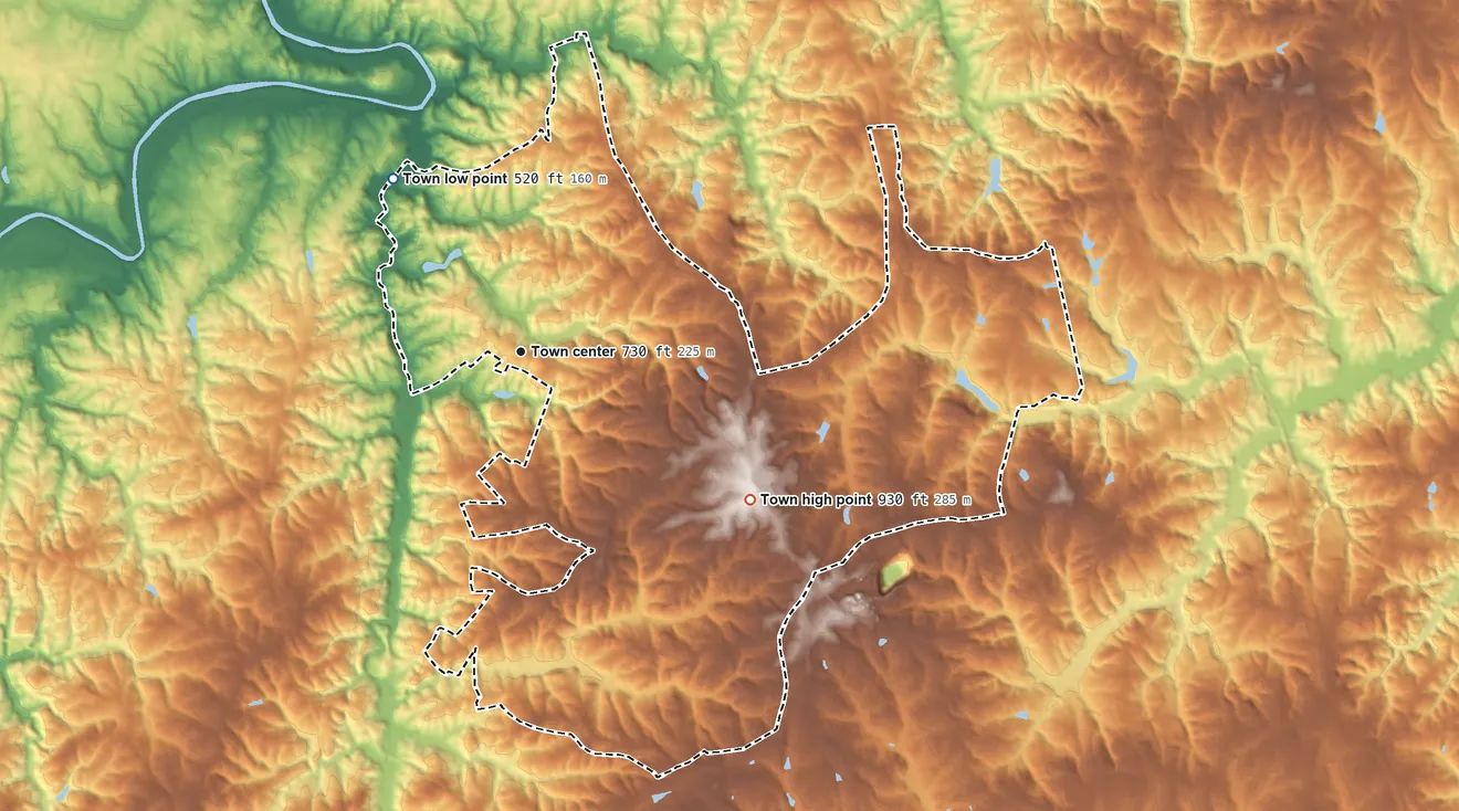 Topographic elevation map of Wentworth, North Carolina, shaded from 520 ft on the northwest side to 930 ft on the southeast side