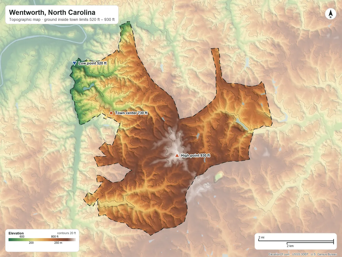Topographic elevation map of Wentworth, North Carolina, shaded from 520 ft on the northwest side to 930 ft on the southeast side