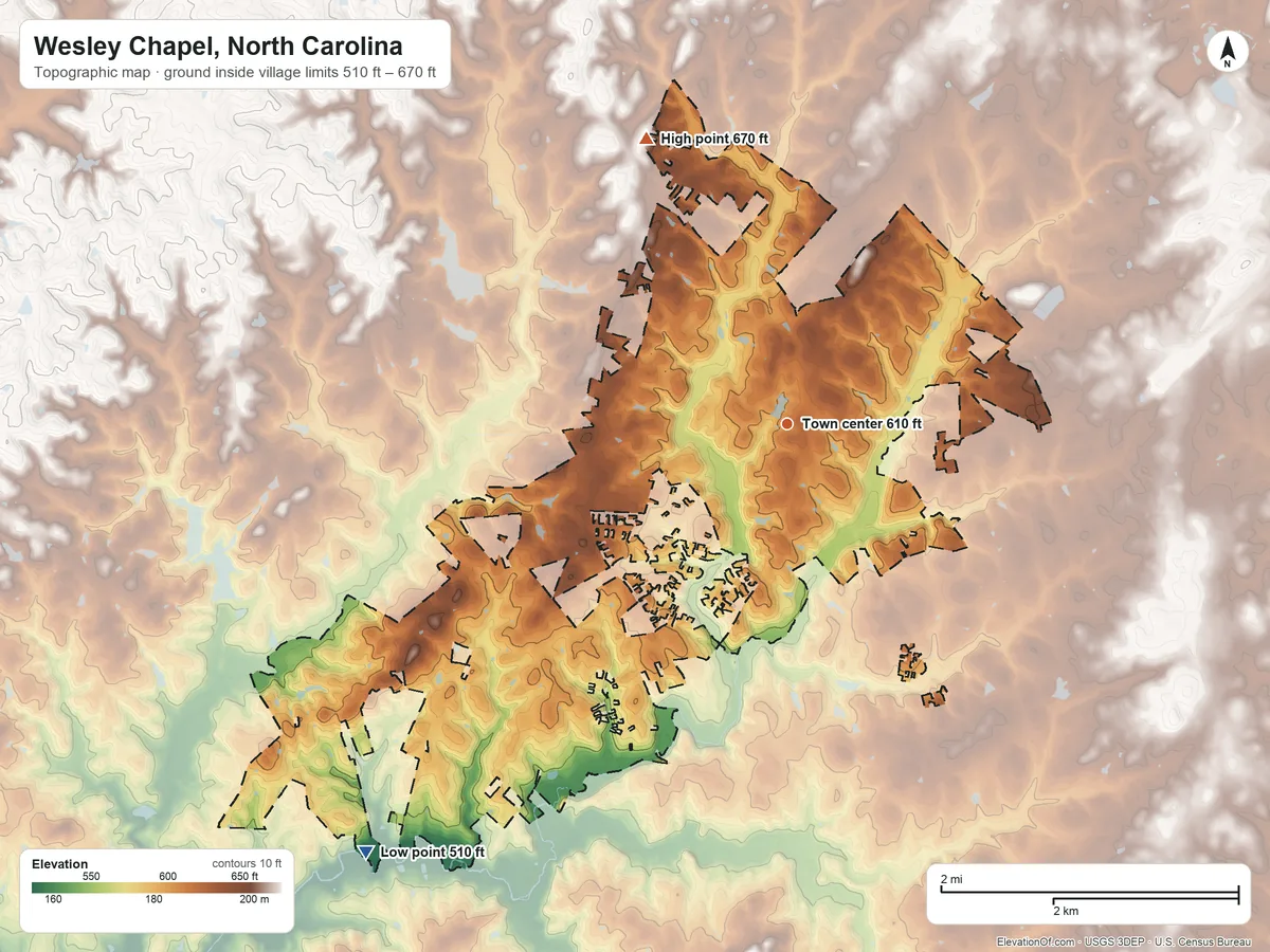 Topographic elevation map of Wesley Chapel, North Carolina, shaded from 510 ft on the southwest side to 670 ft on the northwest side