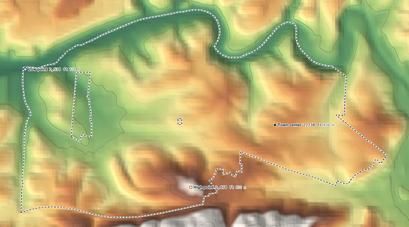 Topographic elevation map of West Canton, North Carolina, shaded from 2,530 ft on the west side to 2,870 ft at the foot of the Great Balsam Mountains