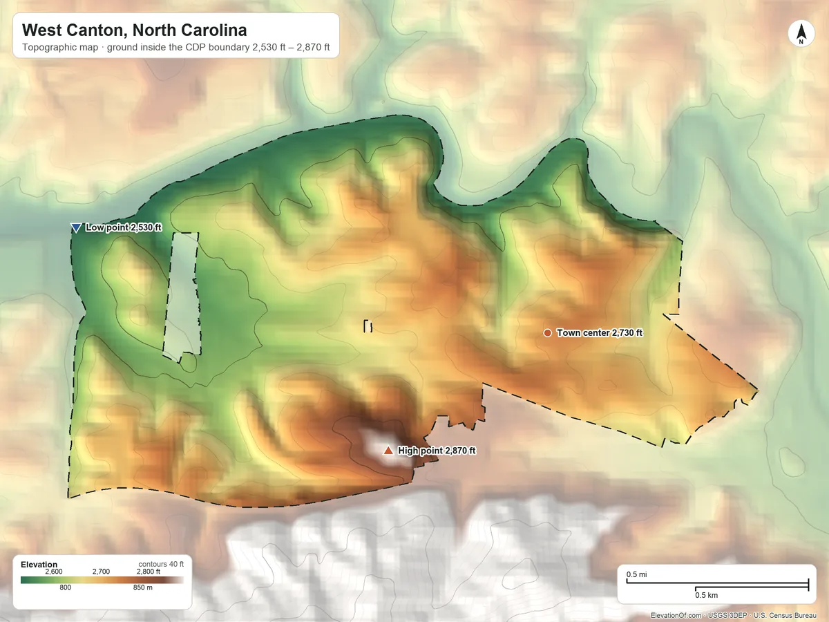Topographic elevation map of West Canton, North Carolina, shaded from 2,530 ft on the west side to 2,870 ft at the foot of the Great Balsam Mountains