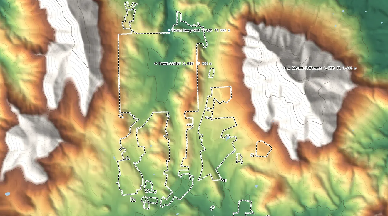 Topographic elevation map of West Jefferson, North Carolina, shaded from 2,920 ft on the north side to 3,560 ft on the south edge, below higher ground just outside