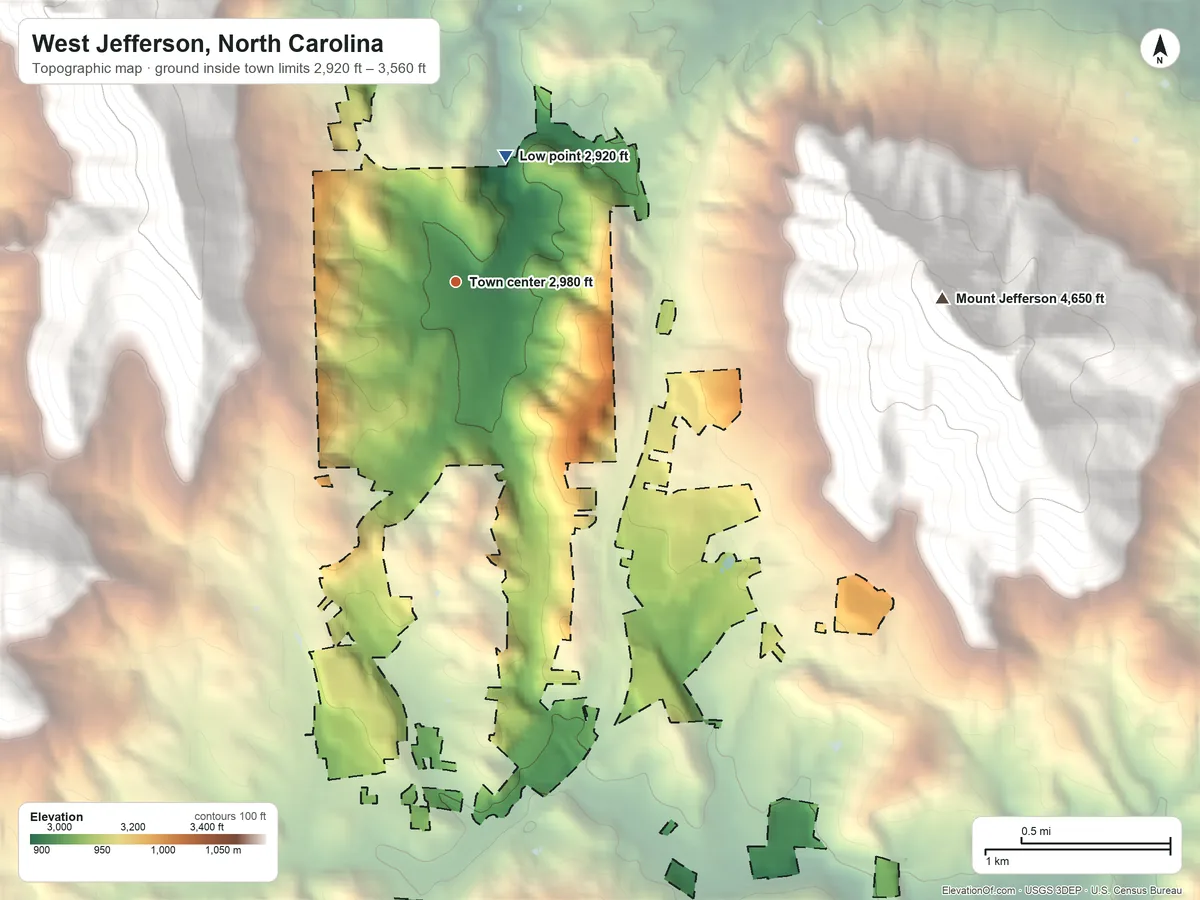 Topographic elevation map of West Jefferson, North Carolina, shaded from 2,920 ft on the north side to 3,560 ft on the south edge, below higher ground just outside