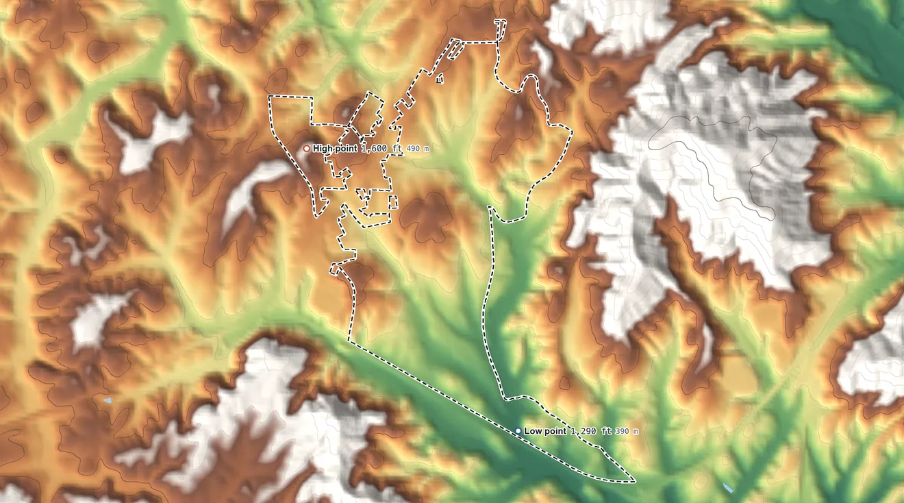 Topographic elevation map of West Marion, North Carolina, shaded from 1,290 ft on the southeast side to 1,600 ft at the foot of the Habersham Mountains