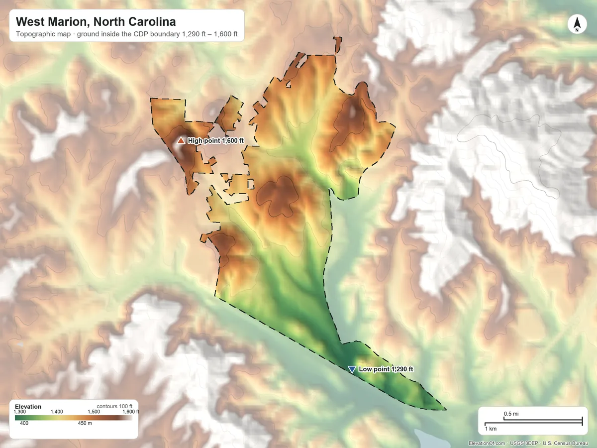 Topographic elevation map of West Marion, North Carolina, shaded from 1,290 ft on the southeast side to 1,600 ft at the foot of the Habersham Mountains