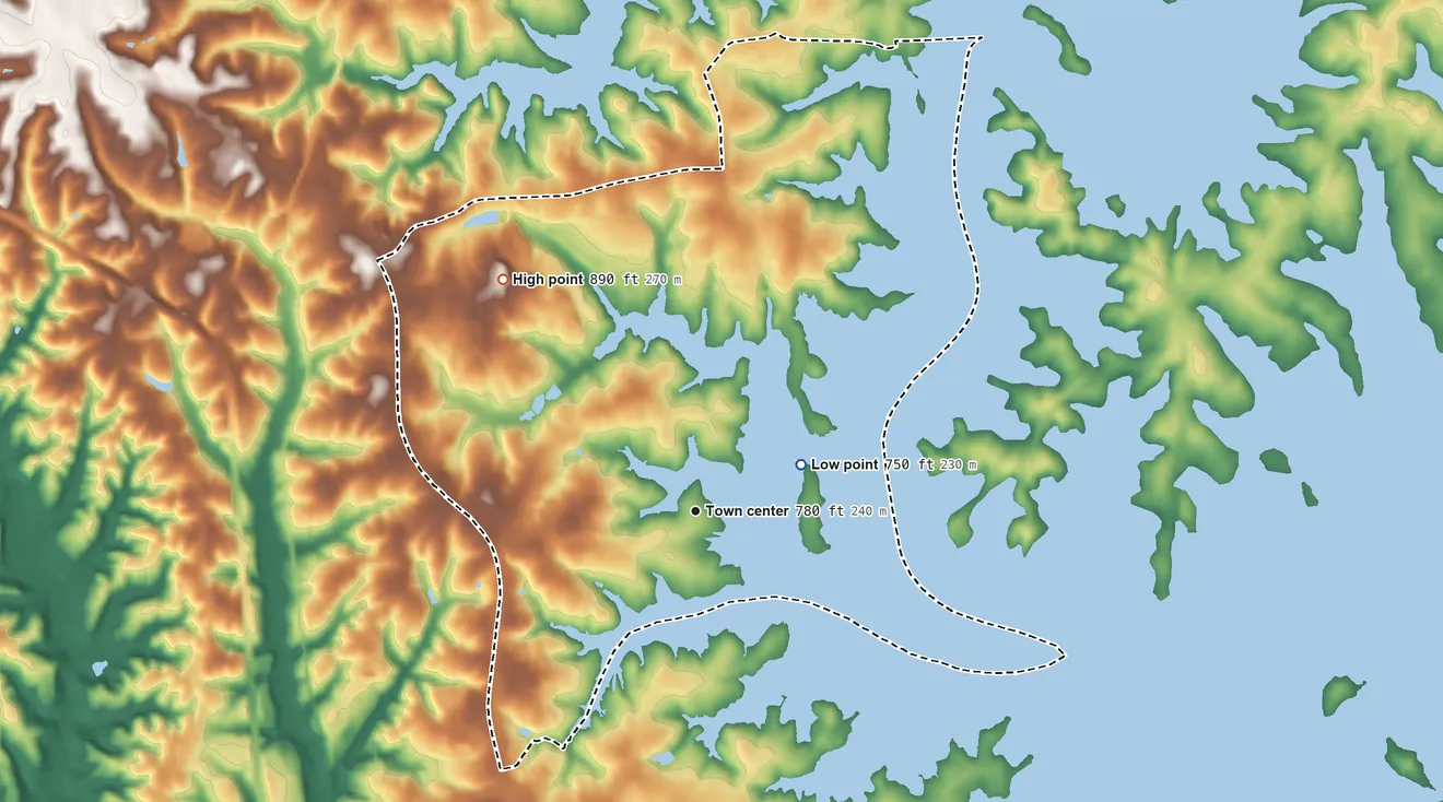 Topographic elevation map of Westport, North Carolina, shaded from 750 ft on the northeast side to 890 ft on the northwest side