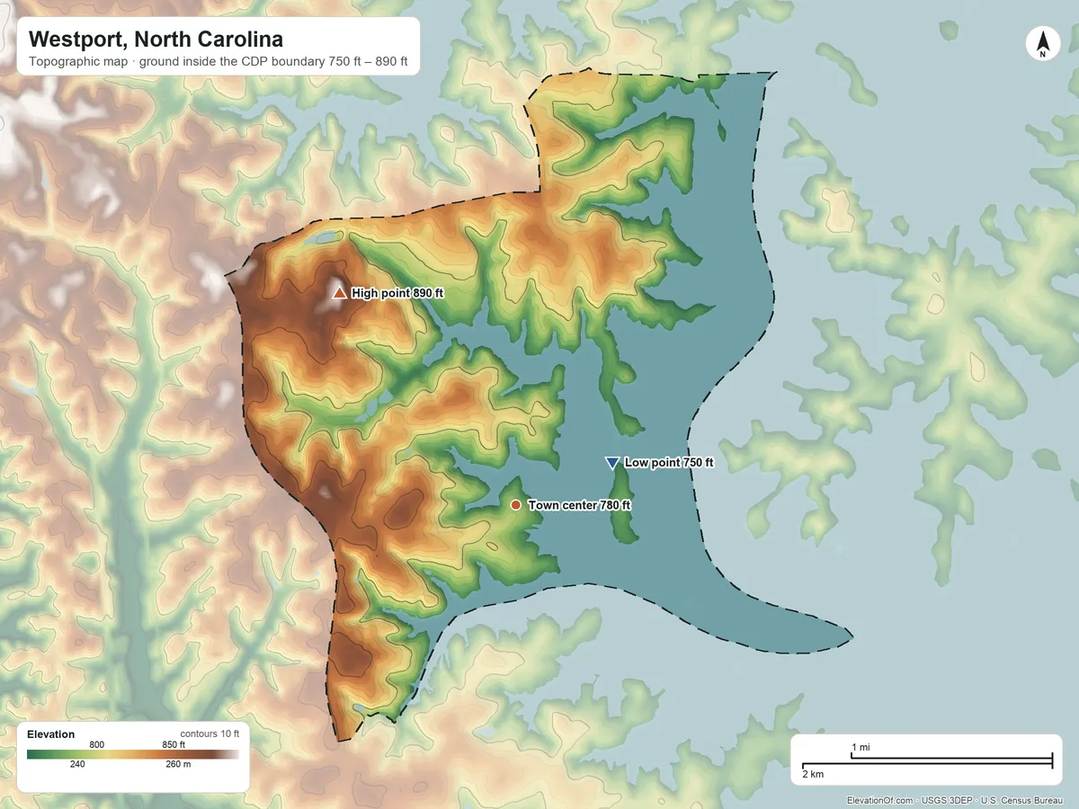 Topographic elevation map of Westport, North Carolina, shaded from 750 ft on the northeast side to 890 ft on the northwest side