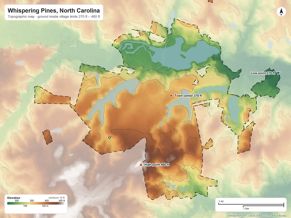 Topographic elevation map of Whispering Pines, North Carolina, shaded from 270 ft on the east side to 460 ft on the southwest side