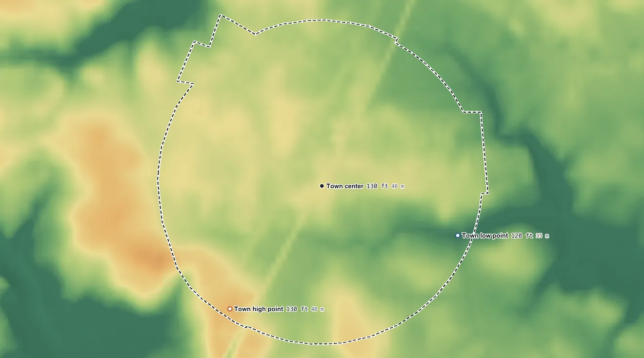 Topographic elevation map of Whitakers, North Carolina, shaded from 120 ft on the east side to 130 ft on the southwest side